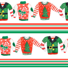 Watercolor seamless hand drawn pattern with Christmas ugly sweater jumper. Red green traditional colors for new year celebration background with canes holly cookies ornaments. Bright retro design for