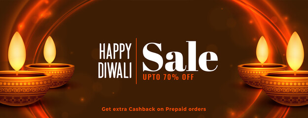 happy diwali sale banner with glowing diya and lights design