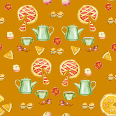 Pie, kettle, pastries cozy mood seamless pattern digital paper wallpaper background