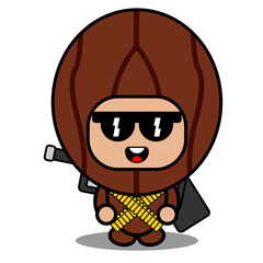 cartoon vector illustration of cute nutmeg spice mascot costume character soldier holding gun and bullet