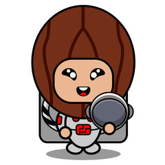 vector cartoon character cute nutmeg spice mascot costume wearing astronaut suit and holding helmet