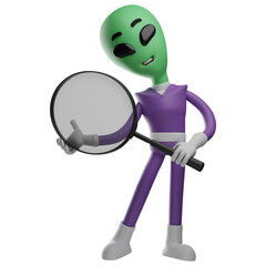 3D Alien Cartoon Character running and holding a white paper