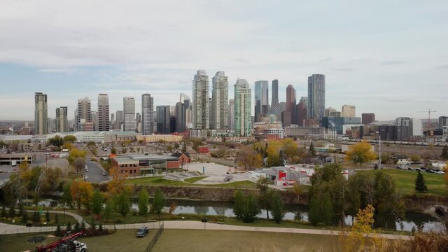 Calgary Alberta Canada, October 5 2021: Aerial shot of Canadian downtown center in fall colours