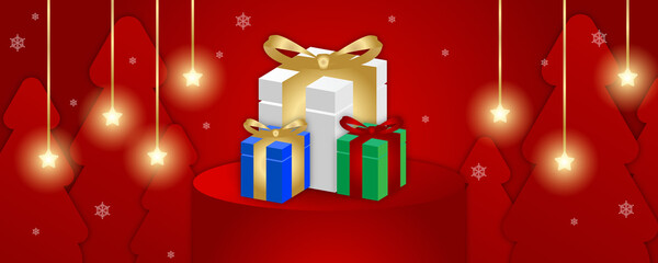 Christmas present box, happy new year holiday celebration concept greeting card winter minimalist wide background horizontal vector illustration