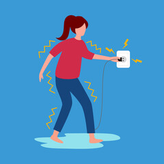 Electric shock risk concept vector illustration. Woman standing on wet floor and get electric shock in flat design. Electric safety caution.