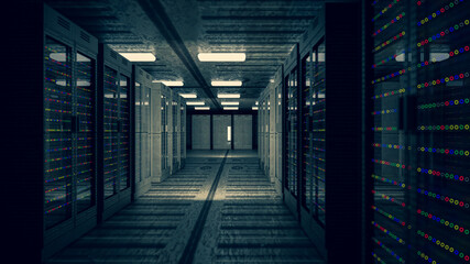 Server room data center. Backup, mining, hosting, mainframe, farm and computer rack with storage information. 3d render
