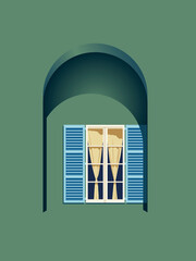 Illustration of green house with window under arch. Vintage style windows architecture.