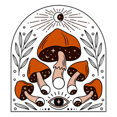 Magic mushrooms and moon phases for esoteric theme designs. Color vector illustration.