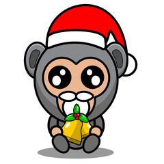 vector cartoon character cute christmas gorilla animal mascot costume holding christmas bell