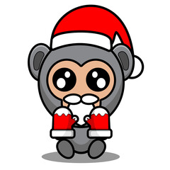 gorilla animal mascot costume cartoon character vector wearing cute christmas hat wearing gloves