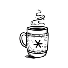Hot winter drink cup with knitting scarf. Warm coffee, tea, chocolate. Hand drawn sketch style. Drink christmas mug. Vector illustration.