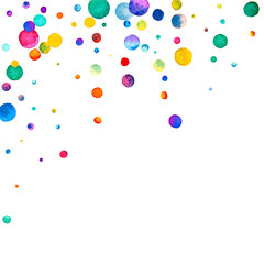 Watercolor confetti on white background. Actual rainbow colored dots. Happy celebration square colorful bright card. Delicate hand painted confetti.