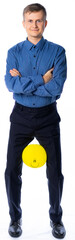 man with a yellow balloon in a business suit in full growth on a white background