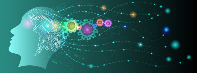 Abstract human head with a line brain network.circle and electricity with blue electronic cycle.Digital data,ai,ascience.Vector Technology background and Artificial intelligence concept.