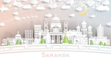 Saransk Russia City Skyline in Paper Cut Style with Snowflakes, Moon and Neon Garland.