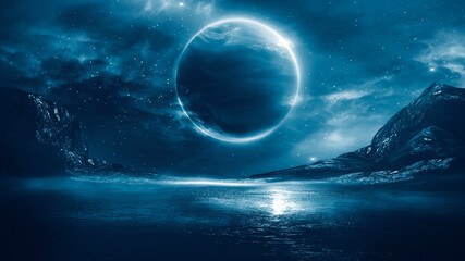 Abstract fantastic space of the universe. Space background with nebula and stars. Dark space background with an unknown planet, flashes of light in space. 3d illustration © MiaStendal