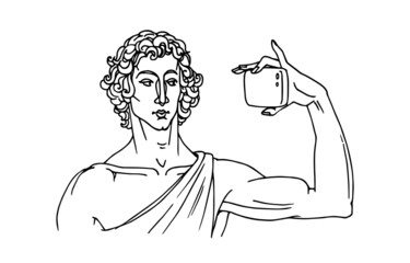 Narcissist with a smartphone, an ancient Greek young man taking a selfie, vector illustration with contour lines in black ink isolated on a white background in a hand drawn style - obrazy, fototapety, plakaty