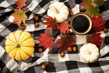 A mug of coffee, mini pumpkins, hazelnuts and red maple leaves on a plaid blanket. Autumn flat lay.