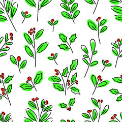 Pattern set collection of hand drawing Christmas decoration, Holly, Mistletoe, Firs, Poinsettia