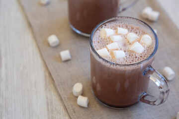 Homemade Hot Chocolate with Mini Marshmallows, low angle view. Copy space.