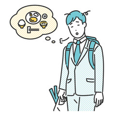 疲れた表情をして献立を考えながらお腹を空かす買い物帰りのビジネスパーソンのイメージイラスト素材