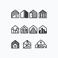 Collection of architectural sets of modern buildings and houses.