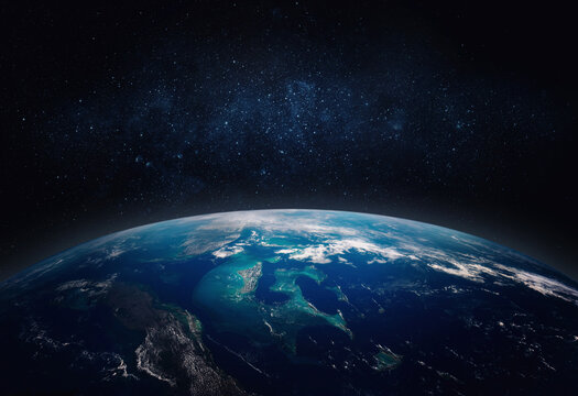  View of the Earth, star and galaxy. Sunrise over planet Earth, view from space. Concept on the theme of ecology, environment, Earth Day. Elements of this image furnished by NASA.