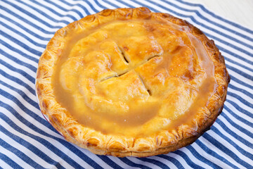 Fresh Homemade Salted Caramel Apple Pie, low angle view.