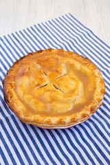 Fresh Homemade Salted Caramel Apple Pie, low angle view. Close-up.