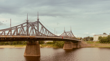 View of the old Volga Bridge over the Volga River in Tver, Russia