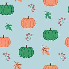 Seamless vintage pumkins Halloween pattern on blue background flat vector illustration