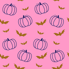 Seamless pattern pumkin and bat for halloween on pink background