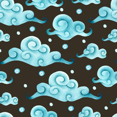 Asian clouds watercolor seamless pattern on dark background