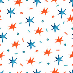 Blue and orange stars watercolor seamless pattern