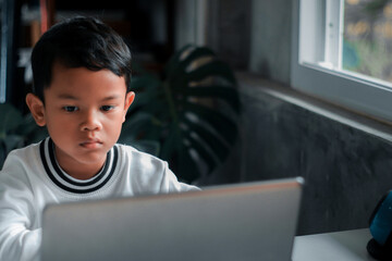 Schoolboy boy studies online on a laptop at home. Communicates online with a teacher. Teaches lessons from school at the computer. Participates in distance education.