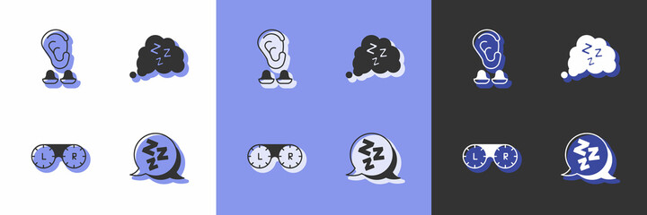 Set Sleepy, Earplugs and ear, Contact lens container and icon. Vector