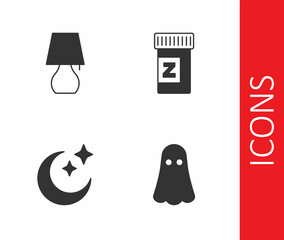 Set Ghost, Table lamp, Moon and stars and Sleeping pill icon. Vector