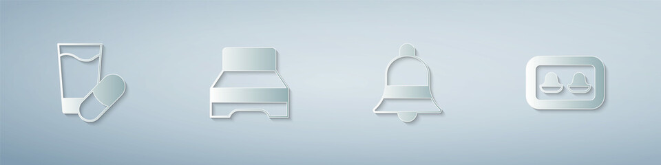 Set Sleeping pill, Big bed, Ringing bell and Earplugs with storage box. Paper art style. Vector