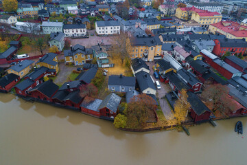 Aerial view of the historic city center of Porvoo on a cloudy October day. Finland