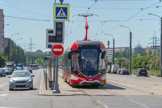 SAINT-PETERSBURG, RUSSIA - JUNE 04, 2021: Modern low-floor tram 71-931M "Vityaz-M" on a city street