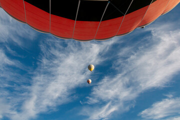 Photographed from inside the balloon, the sky and the balloons floating in the sky