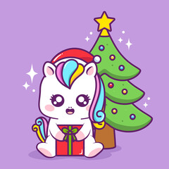 cute christmas unicorn with present