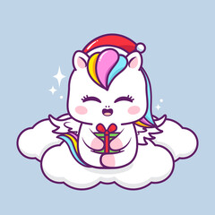 cute christmas unicorn with present in the cloud