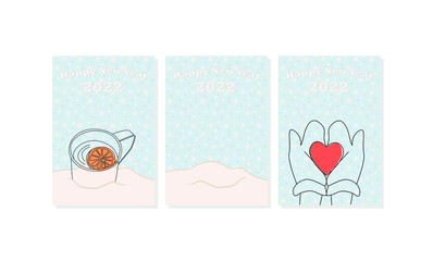 Set new year's card with winter drink with orange, mittens holding red heart