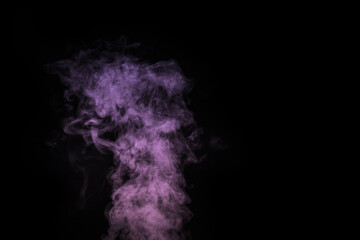 Curly purple, lilac steam, Fog or smoke isolated transparent special effect on black background. Abstract mist or smog background, design element for your image, Layout for collages.
