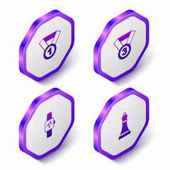 Set Isometric Medal, Smart watch with heart and Chess icon. Purple hexagon button. Vector