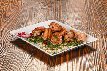 Grilled chicken barbecue served herbs