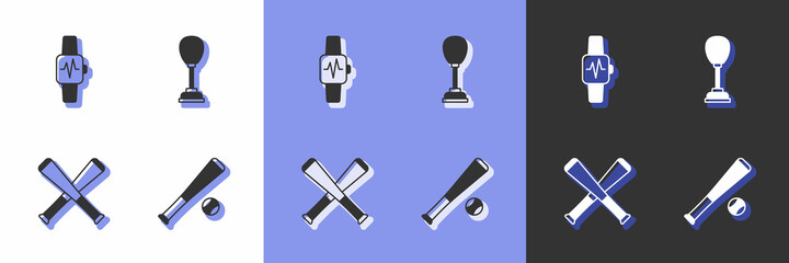 Set Baseball bat with ball, Smart watch heart, Crossed baseball and Punching bag icon. Vector