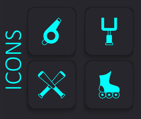 Set Roller skate, Whistle, American football goal post and Crossed baseball bat icon. Black square button. Vector