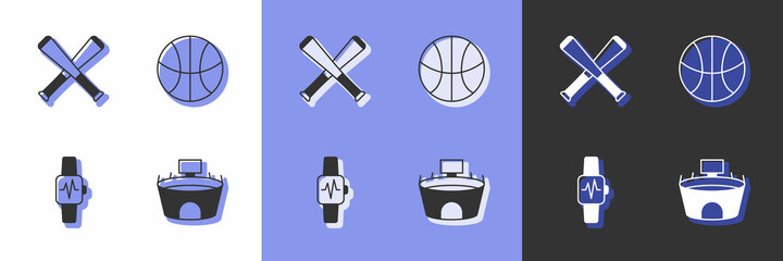 Set Stadium, Crossed baseball bat, Smart watch with heart and Basketball icon. Vector